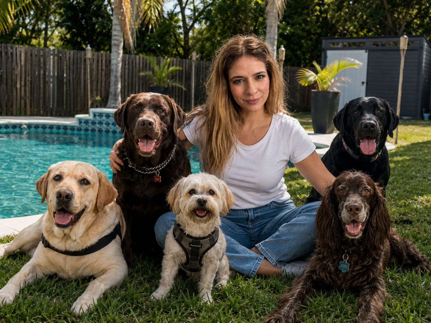 Carla sitting by the pool with guest dogs at Shingo's Palace