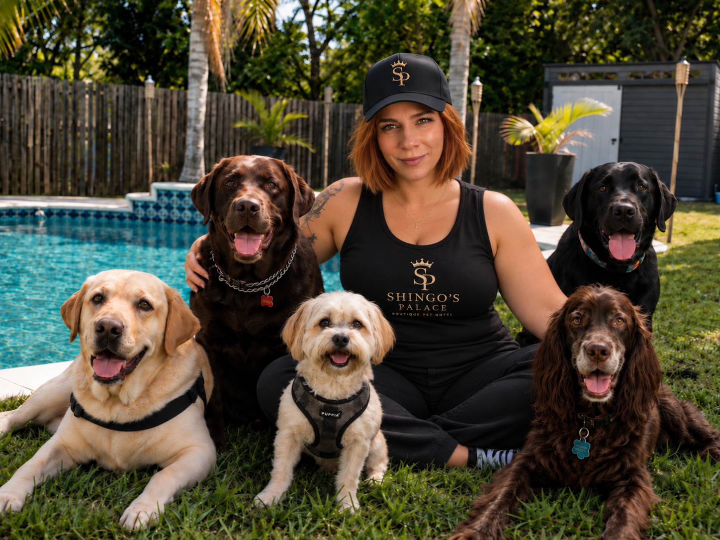 Carla with dogs at Shingo's Palace by the pool