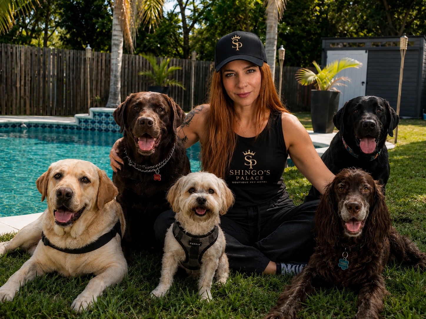 Carla with dogs at Shingo's Palace by the pool
