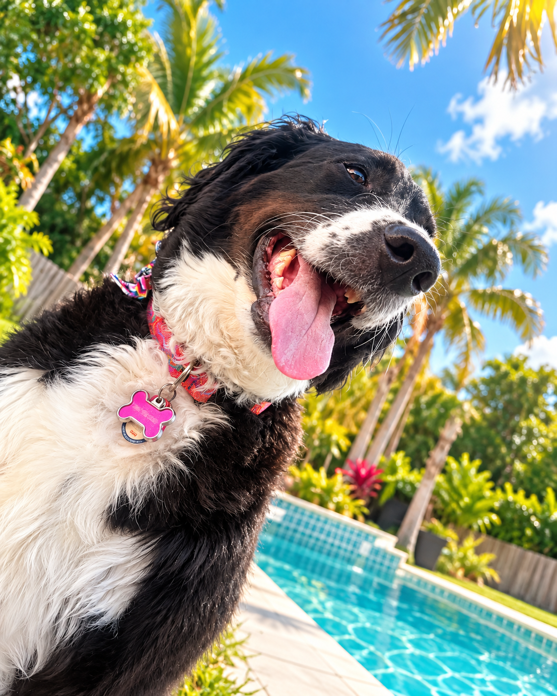 Happy black-and-white dog relaxing beside the pool at Shingo's Palace