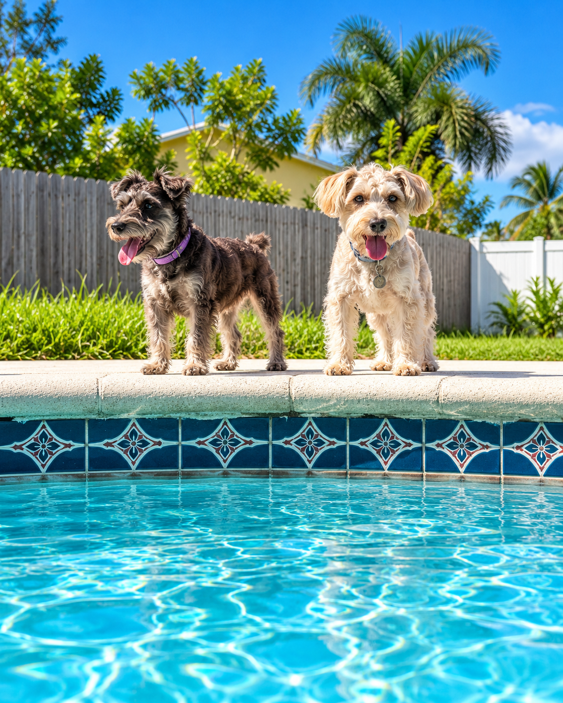 Two small dogs standing together beside the pool at Shingo's Palace