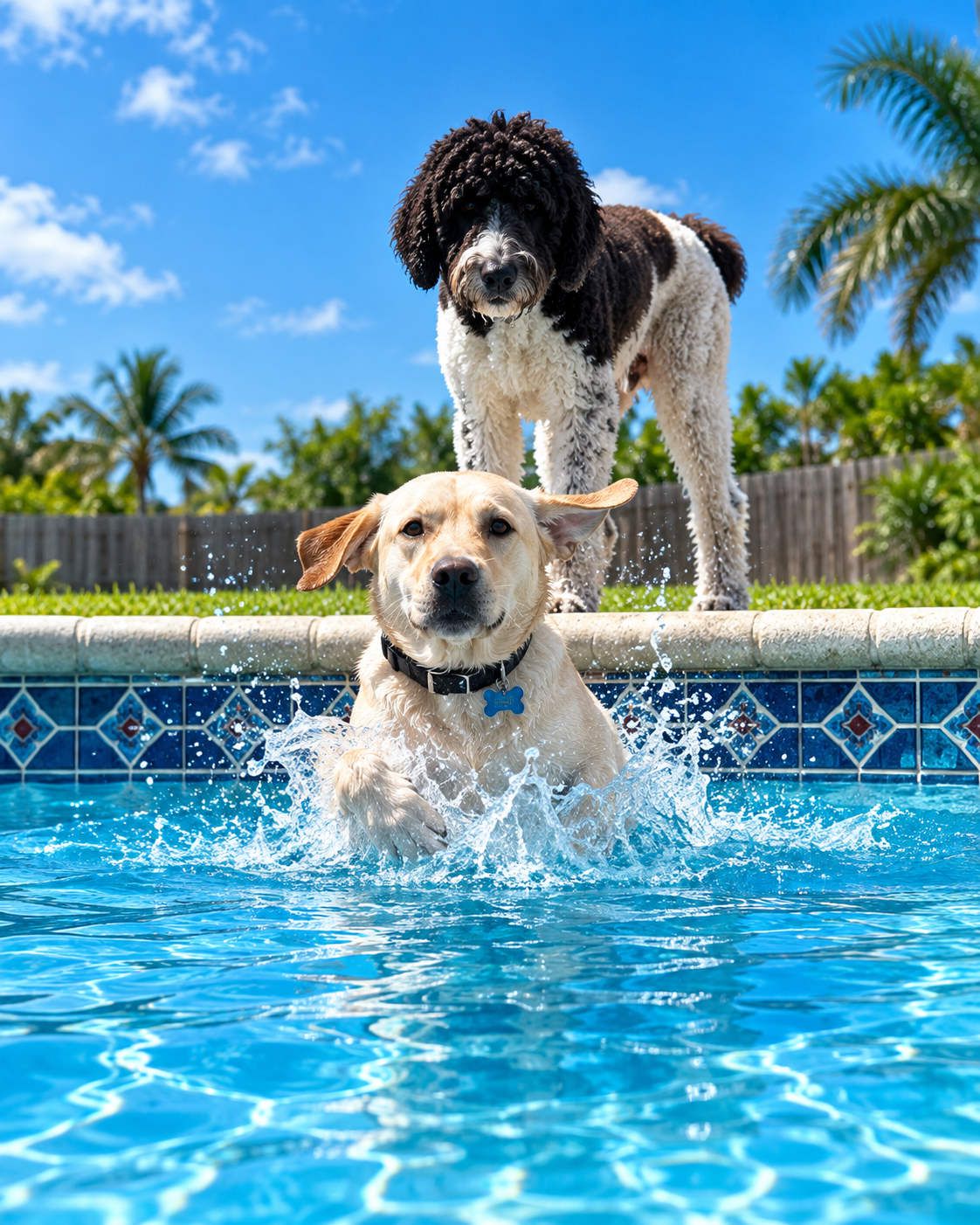 Labrador splashing in the pool while another dog watches from the edge