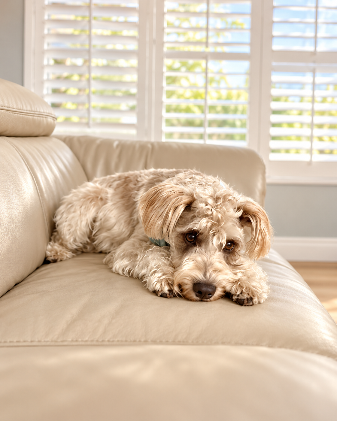 Small dog resting comfortably on a sofa in the home at Shingo's Palace
