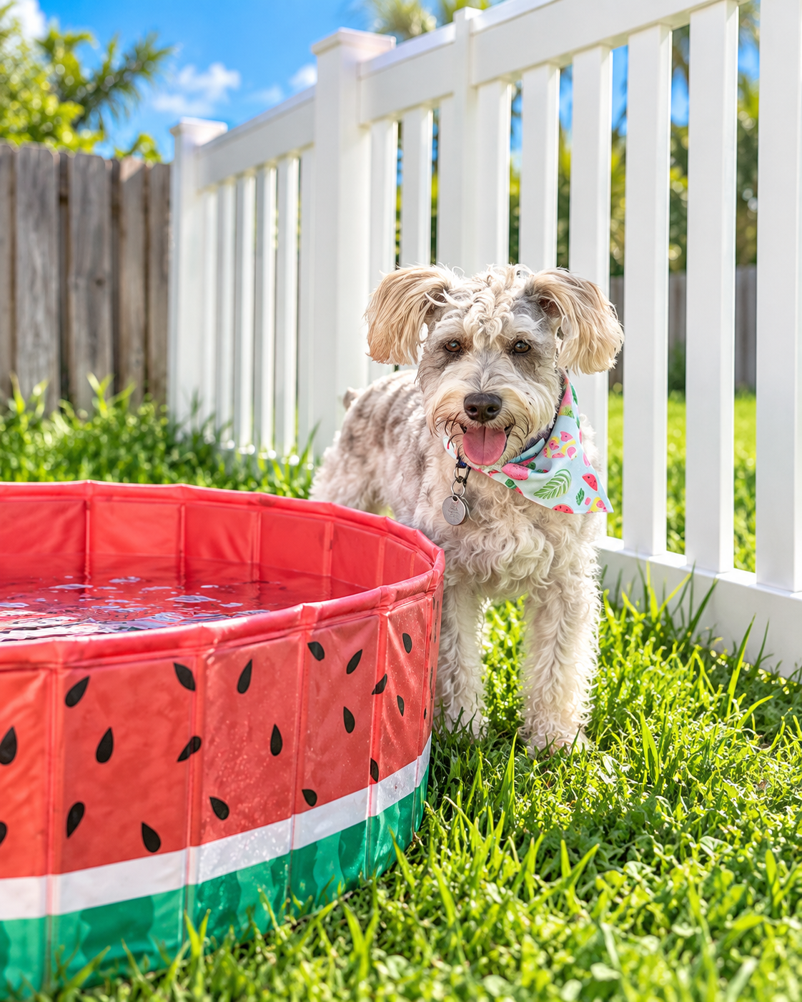 Happy dog enjoying outdoor water play beside a small splash pool