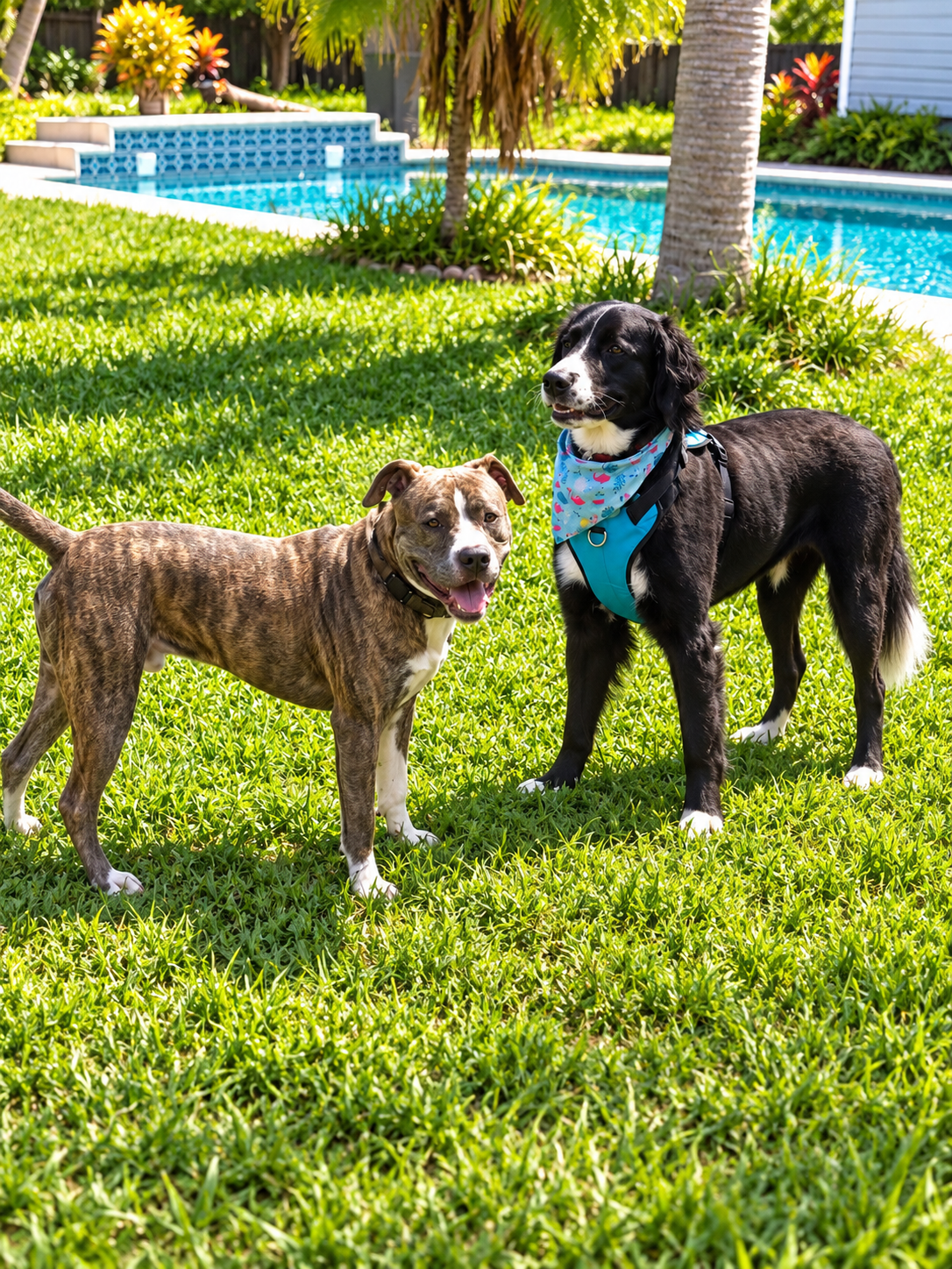 Two dogs spending time together in the sunny yard beside the pool