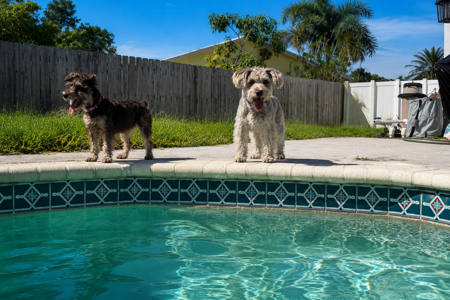 Two guest dogs enjoying supervised pool time at Shingo's Palace